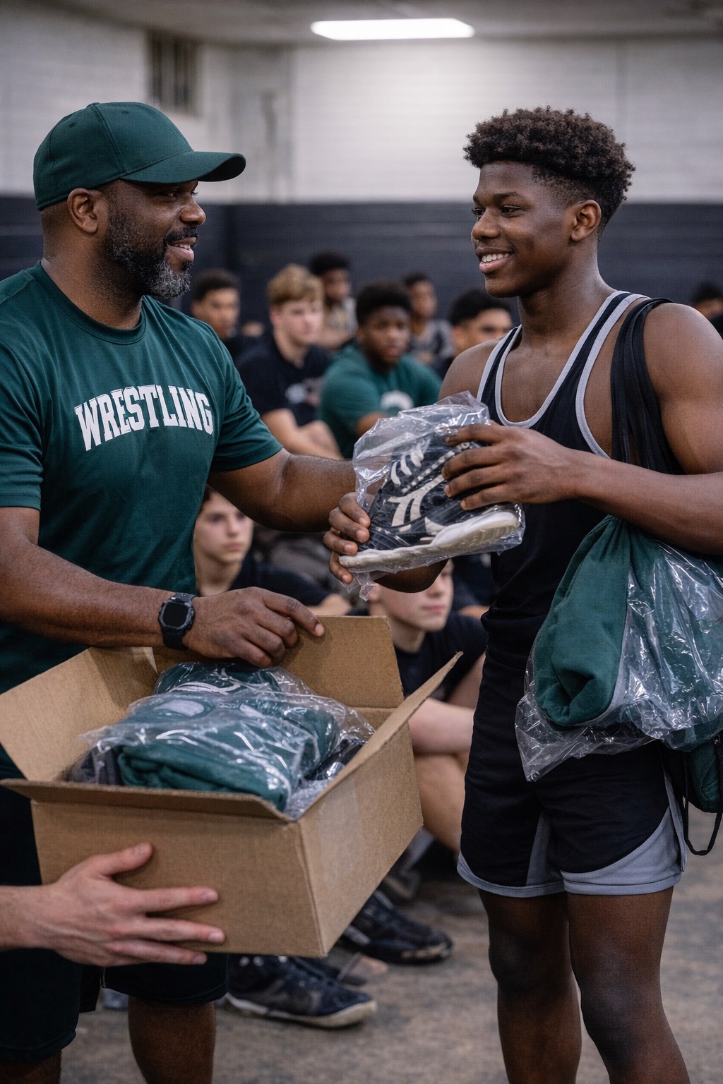 Athlete receiving support gear from coach